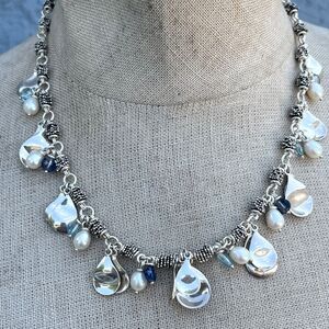 Michael Dawkins Sterling Silver Pearl Blue Bead Caviar Dangle Toggle Necklace
